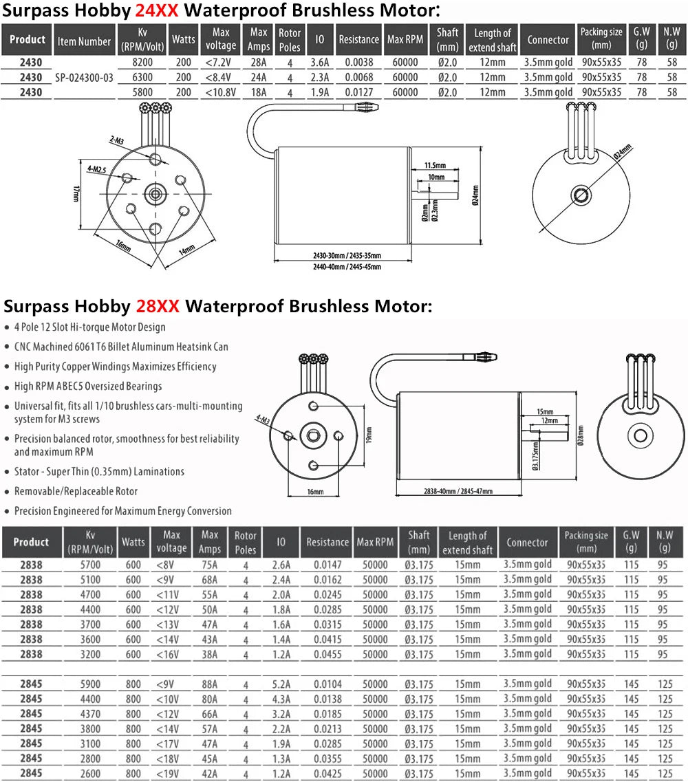 Surpass Hobby Waterproof 2430 2435 2440 2838 2845 Brushless Motor+