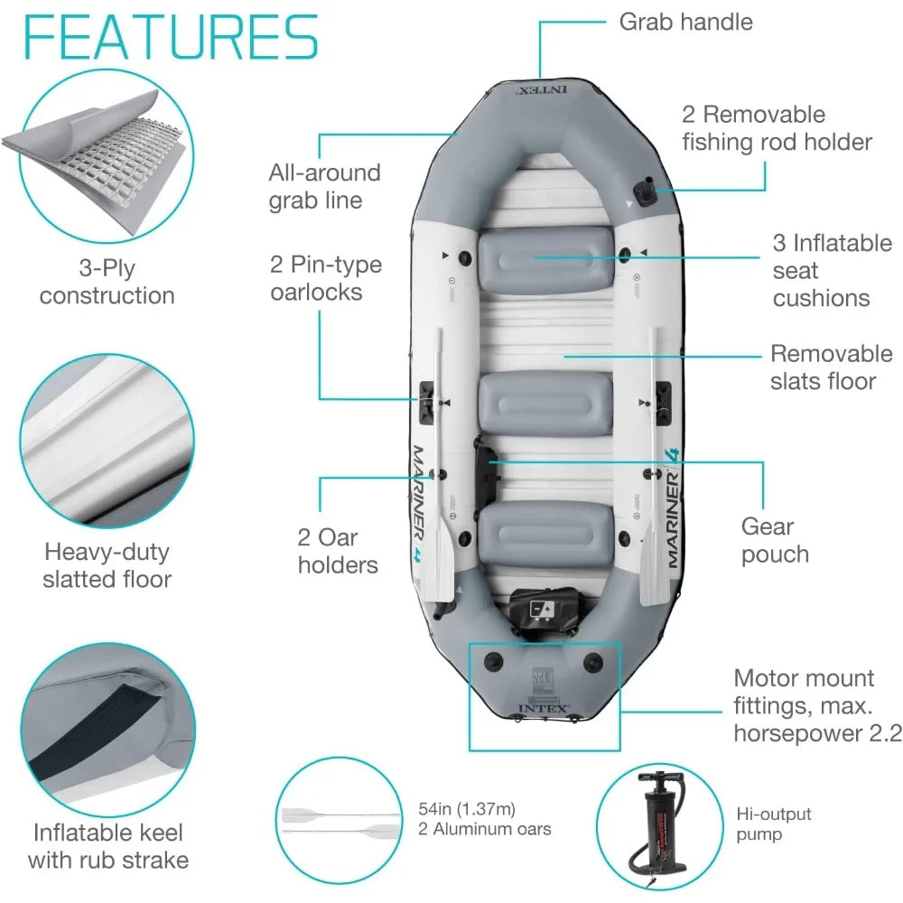 Mariner 4 Inflatable Boat Set: Includes Deluxe 54in Boat Oars and High-Output Pump