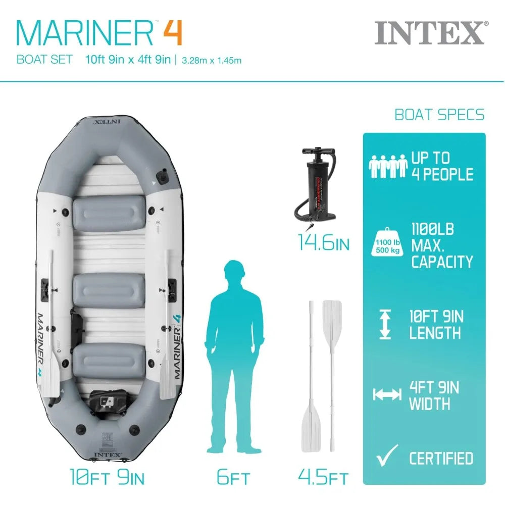 Mariner 4 Inflatable Boat Set: Includes Deluxe 54in Boat Oars and High-Output Pump