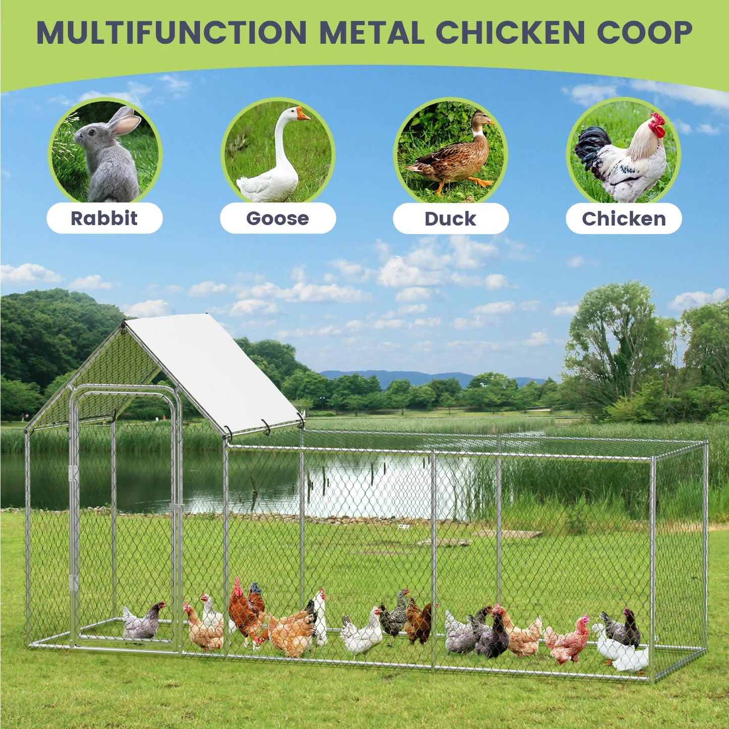 Flat Style Poultry Cage, Poultry Cage with Waterproof Cover, Walk-in Metal Poultry Cage for Outdoor Backyard Farm, Chicken Coop