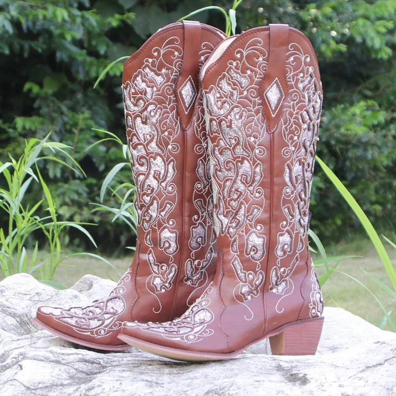 Vintage Embroidered Western Cowboy Boots Women Shoes