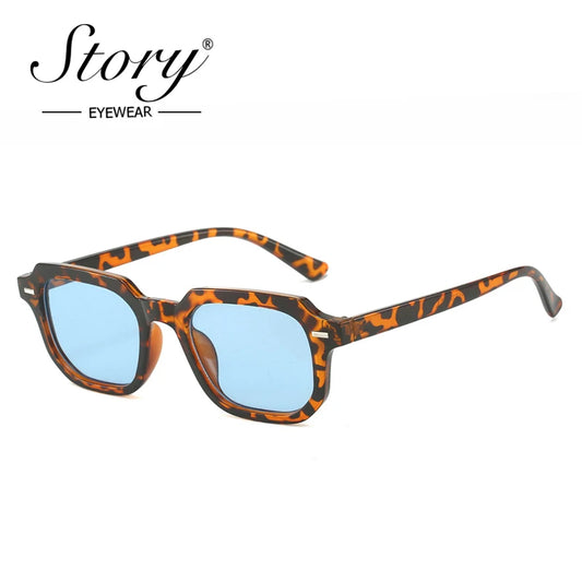 STORY Vintage Tortoiseshell Rivet Rectangle Sunglasses for Women Men 2024 Designer Fashion Blue Lens Square Sunglasses WG50222