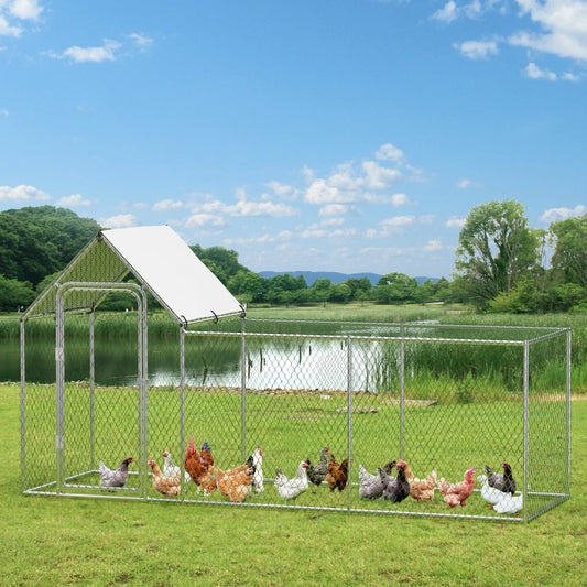 Flat Style Poultry Cage, Poultry Cage with Waterproof Cover, Walk-in Metal Poultry Cage for Outdoor Backyard Farm, Chicken Coop