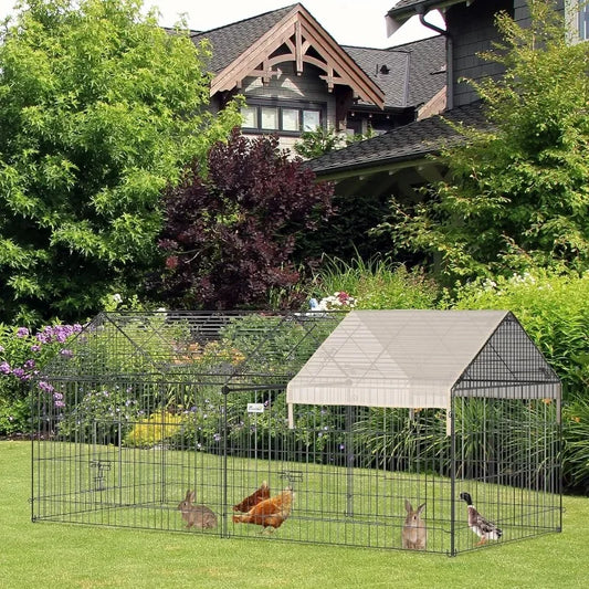 86.5" L Metal Chicken Playpen, Small Animal Cage, Pet Playpen Yard Fence for Rabbits, Chinchillas with Roof for Indoor